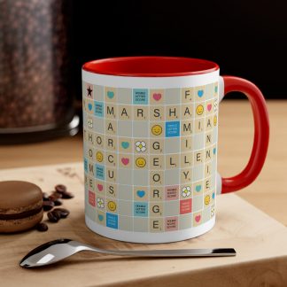Red Handled Scrabble Mug. Personalised. Beige Board Background. Front Image.