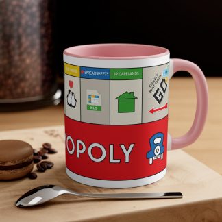 Monopoly Mug, Personalised, Pink Handle, Feature image.