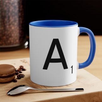 Blue Handled Scrabble Letter Mug 'A'. Feature image.